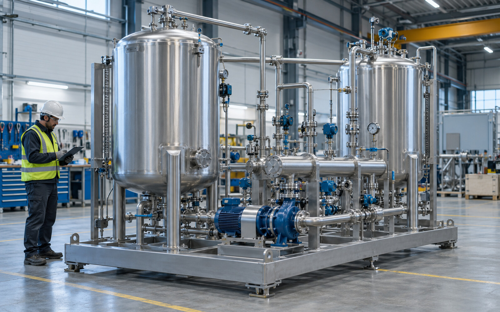 Paslanmaz proses tankları, pompa, vana, manometre ve endüstriyel borulama içeren profesyonel skid sistemi.